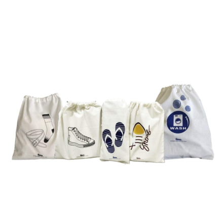 Arka Home Products Travel Organizer Bags of Pure Cotton - Shoes and Slipper Bags, Belt and Socks Bag, Wash Bag - Set 0f 5 Drawstring Bags
