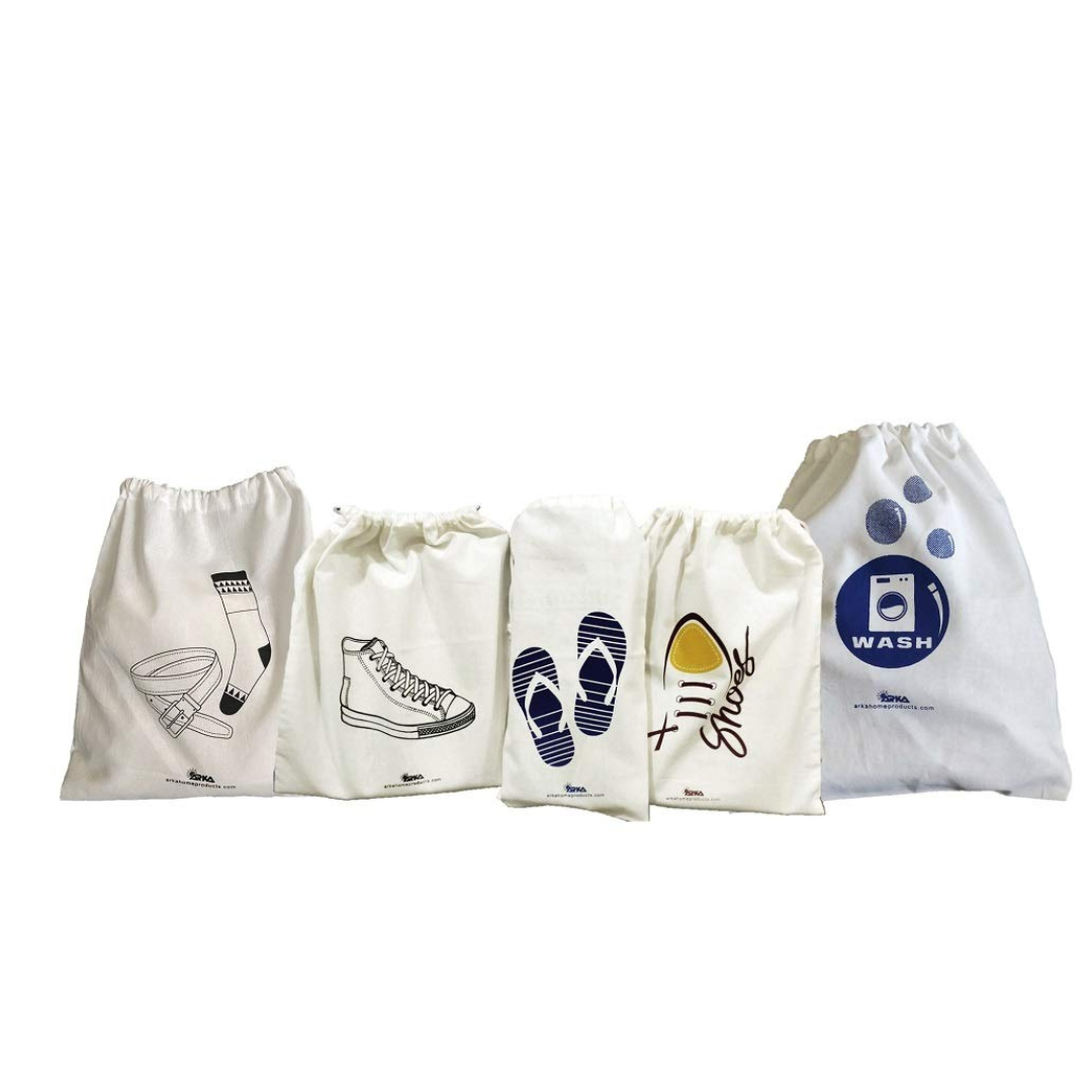 Untitled design (76) Arka Home Products Travel Organizer Bags of Pure Cotton - Shoes and Slipper Bags, Belt and Socks Bag, Wash Bag - Set 0f 5 Drawstring Bags
