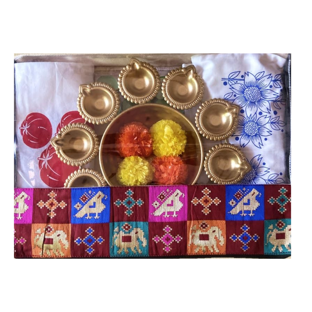 Untitled design (88) Arka Home Products Festive Gift Hamper Includes Brass Urli, Vegetable Fridge Bags, Tee-Lights, Shubh-Labh, Travel Organiser Set and Canvas Box Bag (Pack of 15)