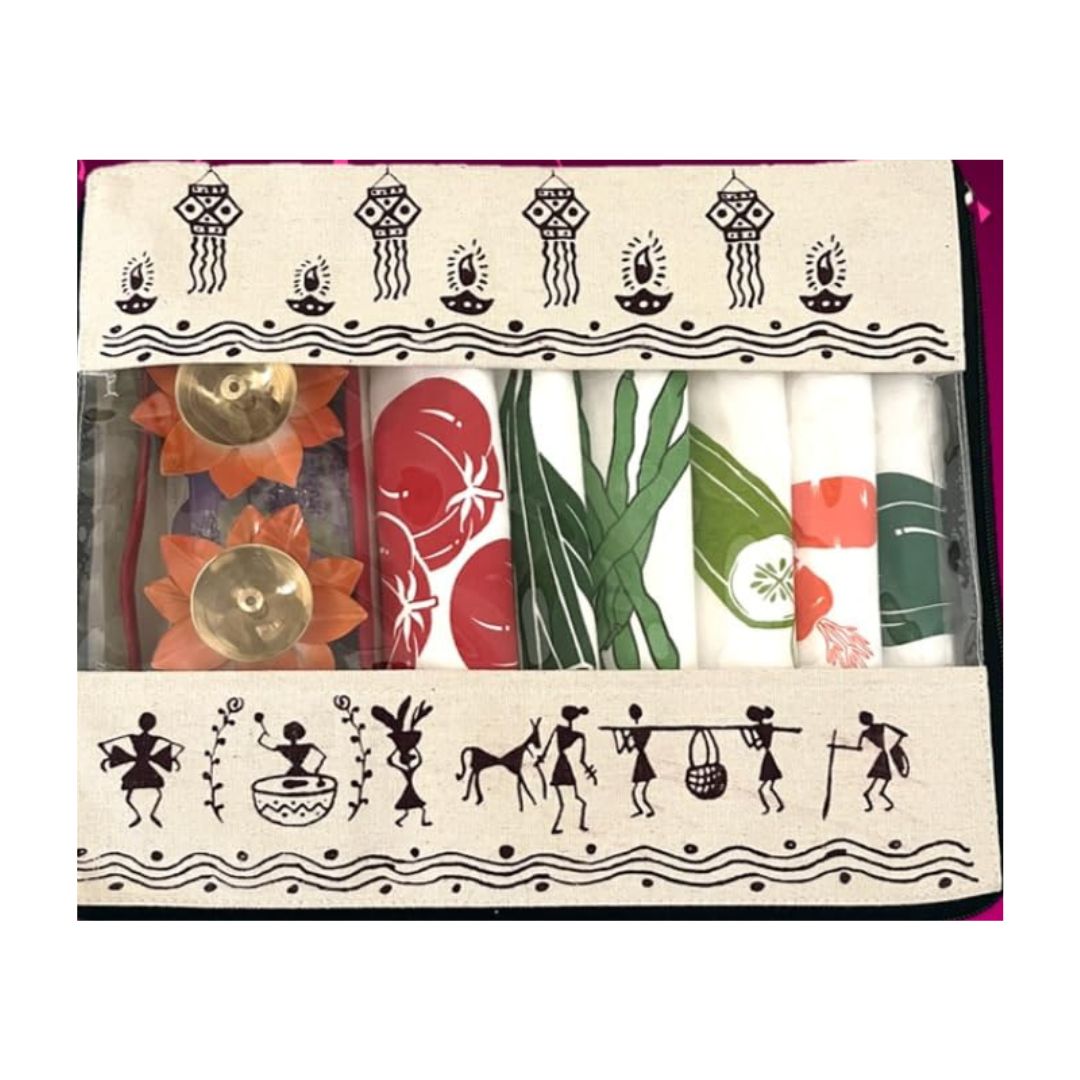 Untitled design (89) Arka Home Products Festive Gift Hamper Includes Brass Diyas, Vegetable Fridge Bags, Net Bags, Reusable Shopping Bags, Tee-Lights, Shubh-Labh, Multi-utility Canvas Tray and Canvas Box Bag (Pack of 15)
